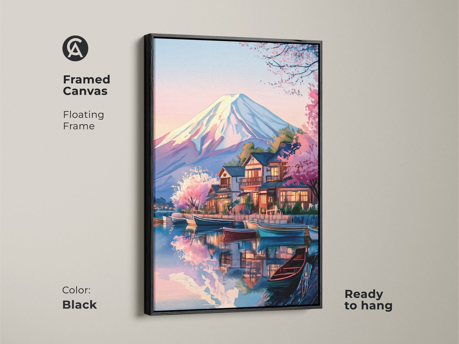 Framed canvas art of Mount Fuji featuring a floating black frame. The Ukiyo-e inspired Japanese landscape includes serene boats and sakura pink cherry blossoms. Ready to hang this Japandi style decor brings asian inspired art. Perfect for living room or office art