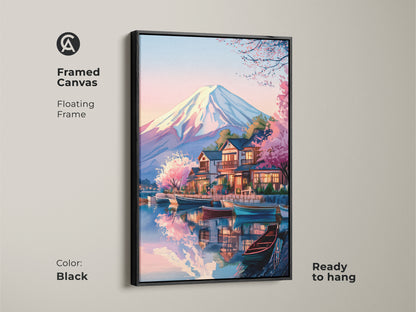 Framed canvas art of Mount Fuji featuring a floating black frame. The Ukiyo-e inspired Japanese landscape includes serene boats and sakura pink cherry blossoms. Ready to hang this Japandi style decor brings asian inspired art. Perfect for living room or office art