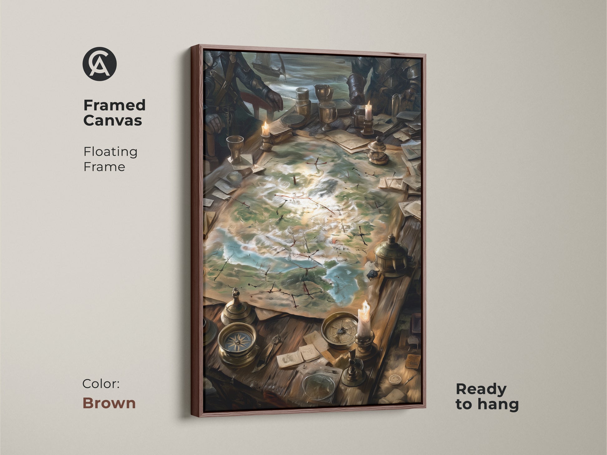 A framed canvas print features a fantasy strategy session. The artwork includes a detailed map on a table. The canvas is framed in a rich brown floating frame. This ready-to-hang art brings a touch of adventure to any room.