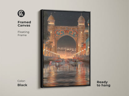 Framed canvas features an Art Deco archway night scene in a floating black frame. The orange gold teal art shows rowing boats and historic buildings. Ready to hang this piece enhances any entry hall. Its urban landscape print is perfect for travel enthusiasts.
