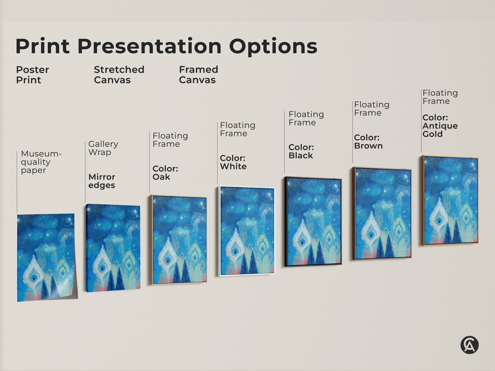 This image shows print presentation options for abstract peacock feather artwork. Available as a poster print stretched canvas or framed canvas. Frame colors include white black brown oak and antique gold.