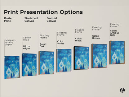 This image shows print presentation options for abstract peacock feather artwork. Available as a poster print stretched canvas or framed canvas. Frame colors include white black brown oak and antique gold.