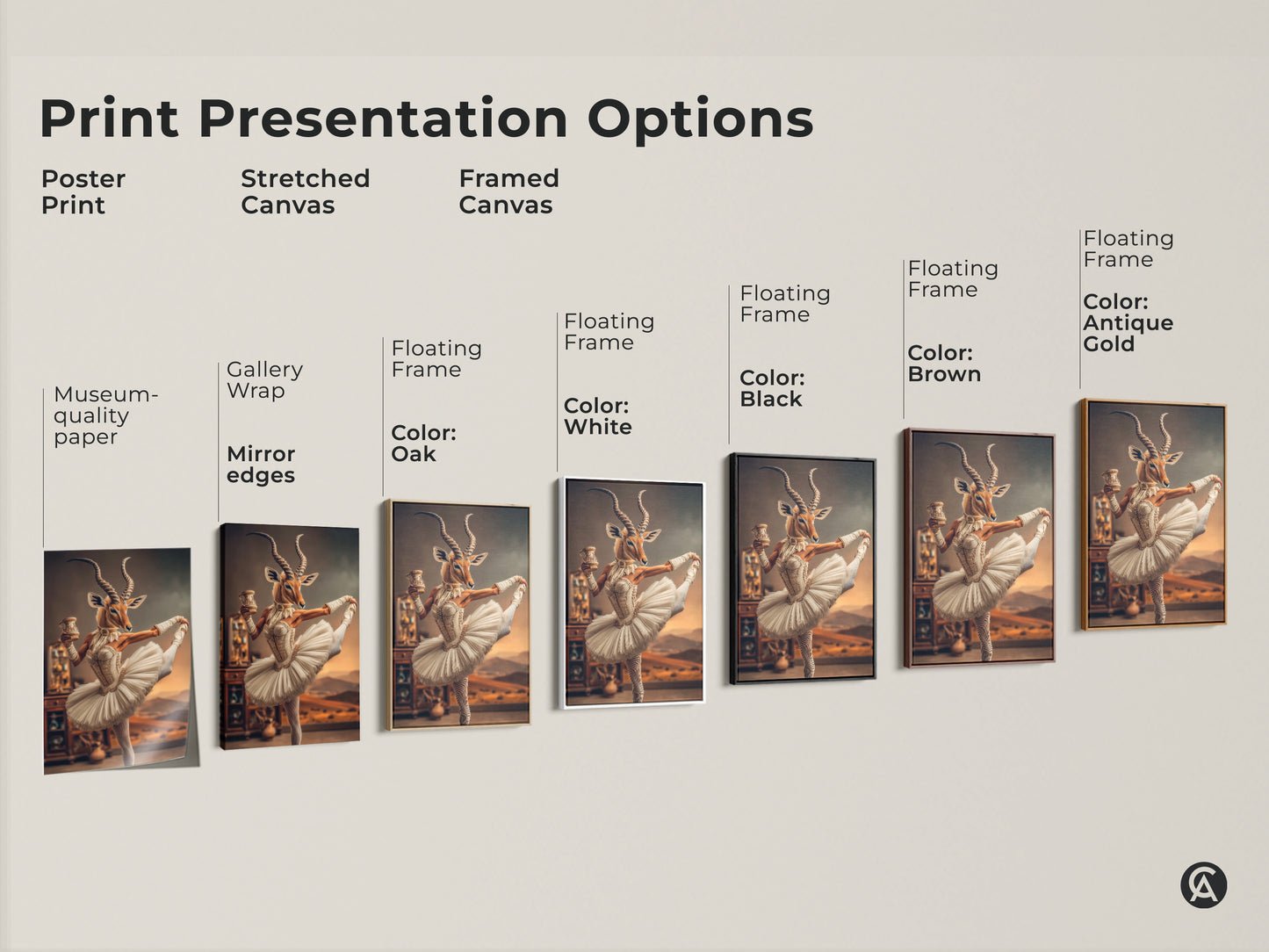 Presentation options for the antelope ballerina fine art. Available as a poster print or stretched canvas. Framed canvas options include black brown oak antique gold and white. Each option highlights the surreal animal art in different styles.