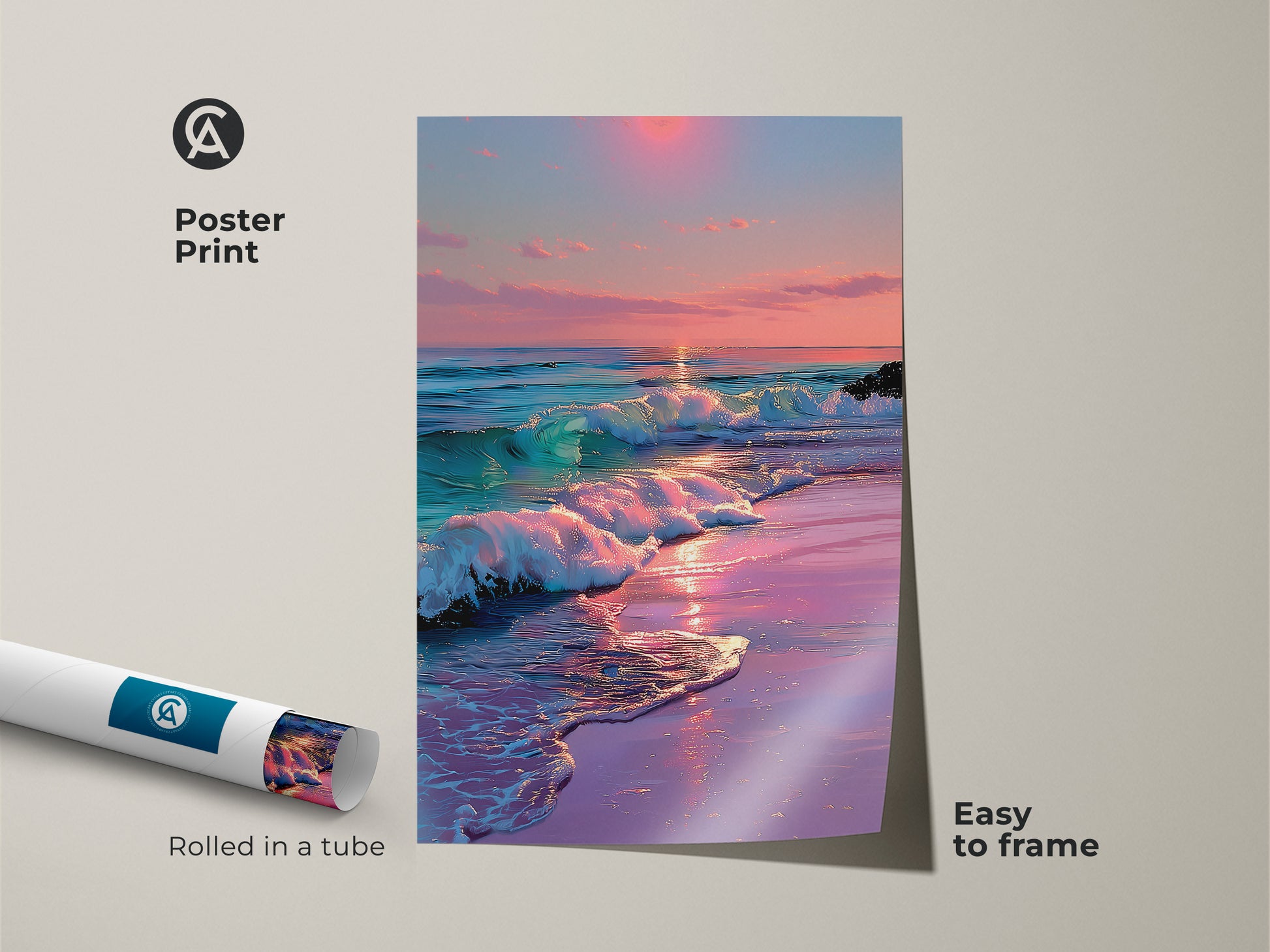 Poster print of dreamy ocean sunset. Coastal beach waves wall art comes rolled in a tube. Easy to frame pink purple teal seascape painting. Enhances bedroom decor.