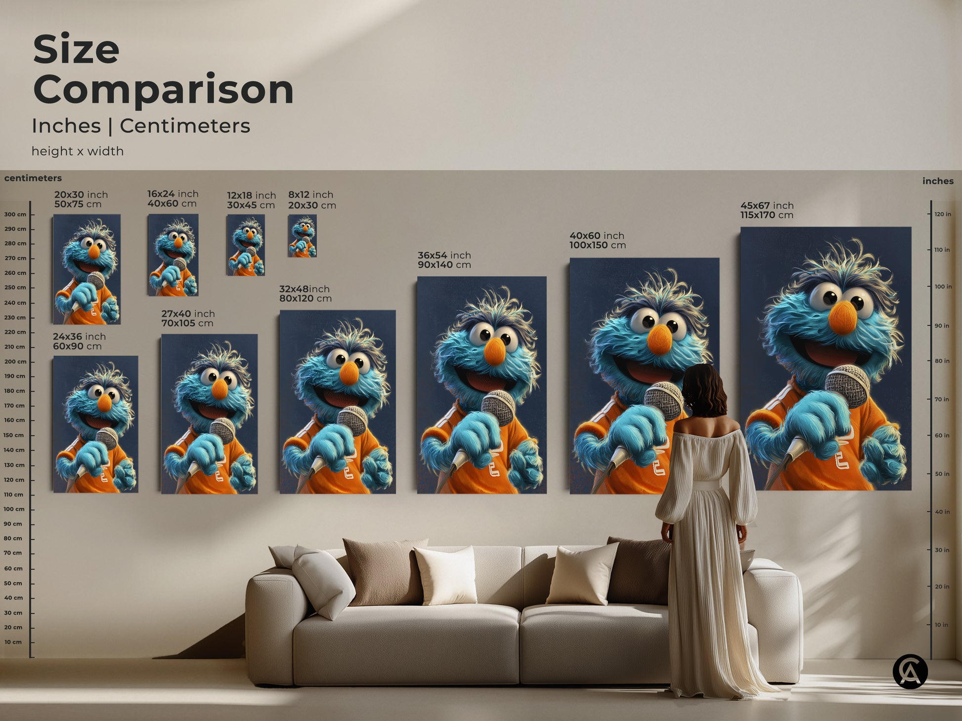 Size comparison of the blue monster art print in inches and centimeters. Displayed in a living room setting this kids room wall art is available in multiple sizes.