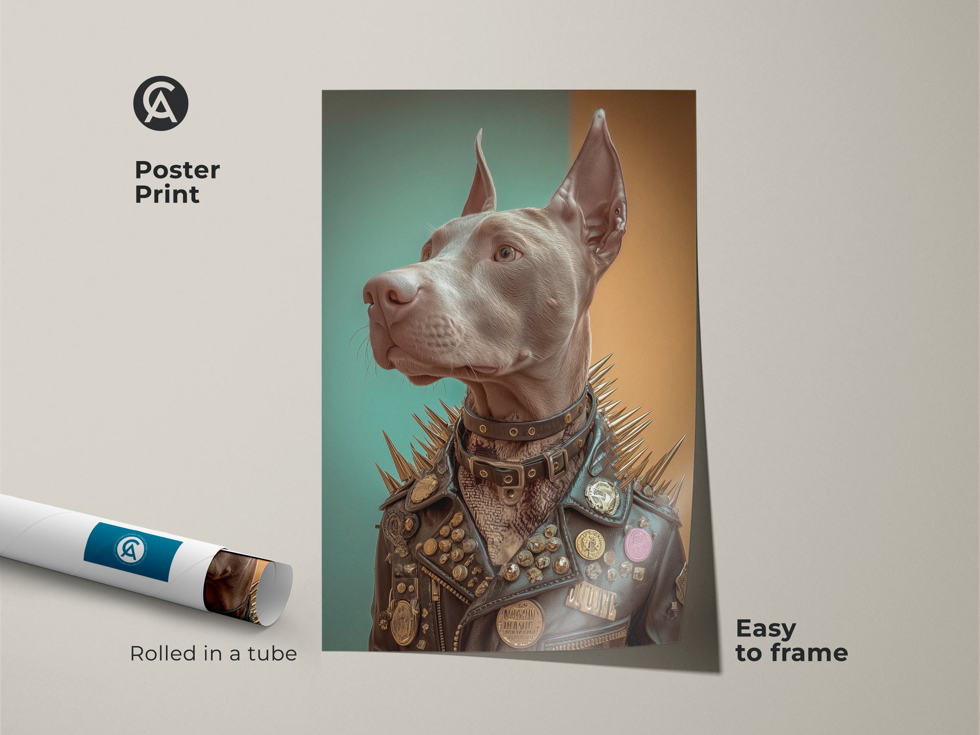 Framed canvas featuring a Doberman dog in a studded leather jacket creating a gothic aesthetic. The black floating frame enhances the artwork's bold colors. Ideal eclectic decor for a man cave or office space this rock music inspired piece is ready to hang. The dog art is a unique birthday gift for a punk fan.