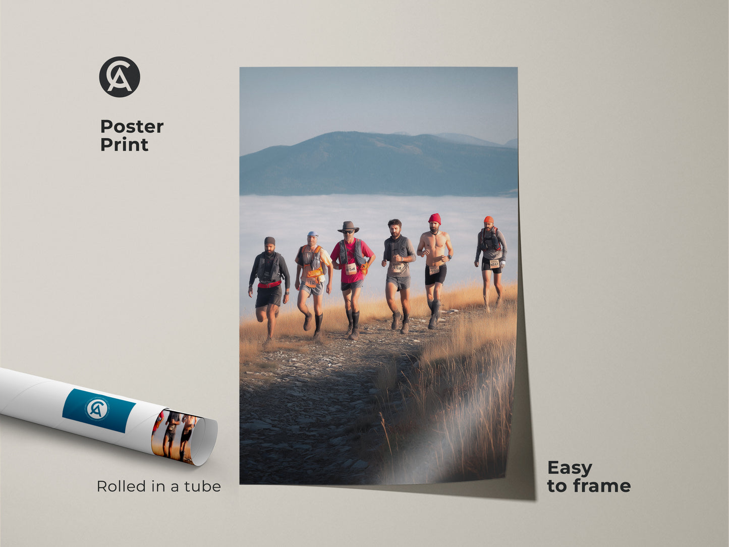 Poster print of trail runners in a mountain landscape. This adventure photography art is easy to frame. The sky blue and earth tones bring the outdoors in. Perfect as rustic wall decor or a gift for marathon runners seeking scenic mountain views.