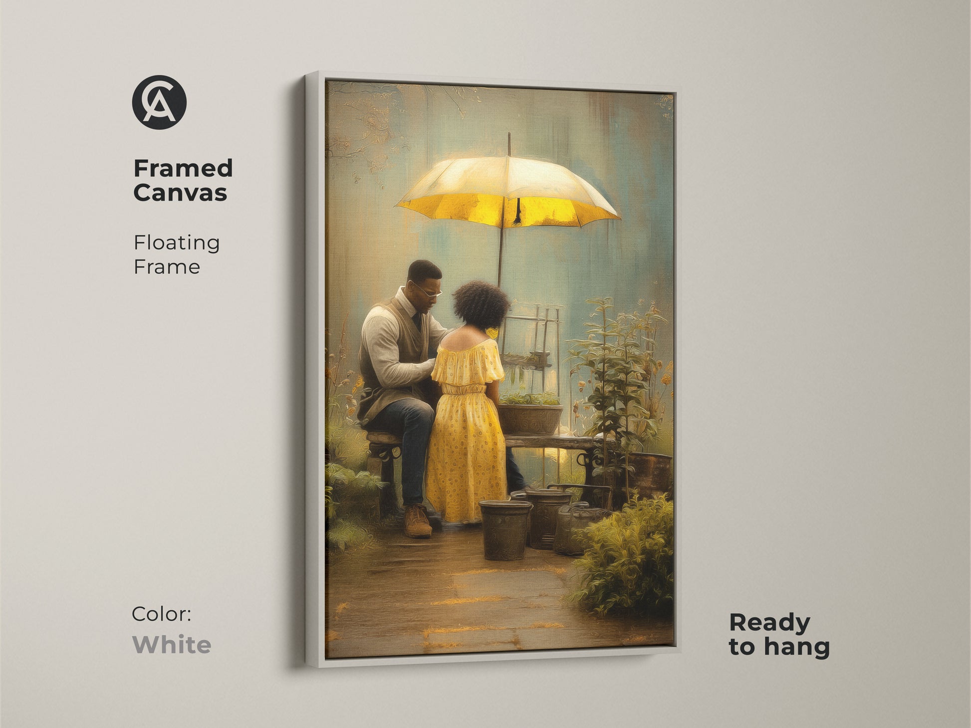 Framed canvas art with a white floating frame featuring a romantic couple gardening under a yellow umbrella. The ready to hang boho style art is a brown green nature scene. This makes a unique anniversary gift for couples. Textured wall decor brings a personal touch to any residential space.