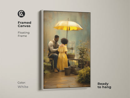 Framed canvas art with a white floating frame featuring a romantic couple gardening under a yellow umbrella. The ready to hang boho style art is a brown green nature scene. This makes a unique anniversary gift for couples. Textured wall decor brings a personal touch to any residential space.