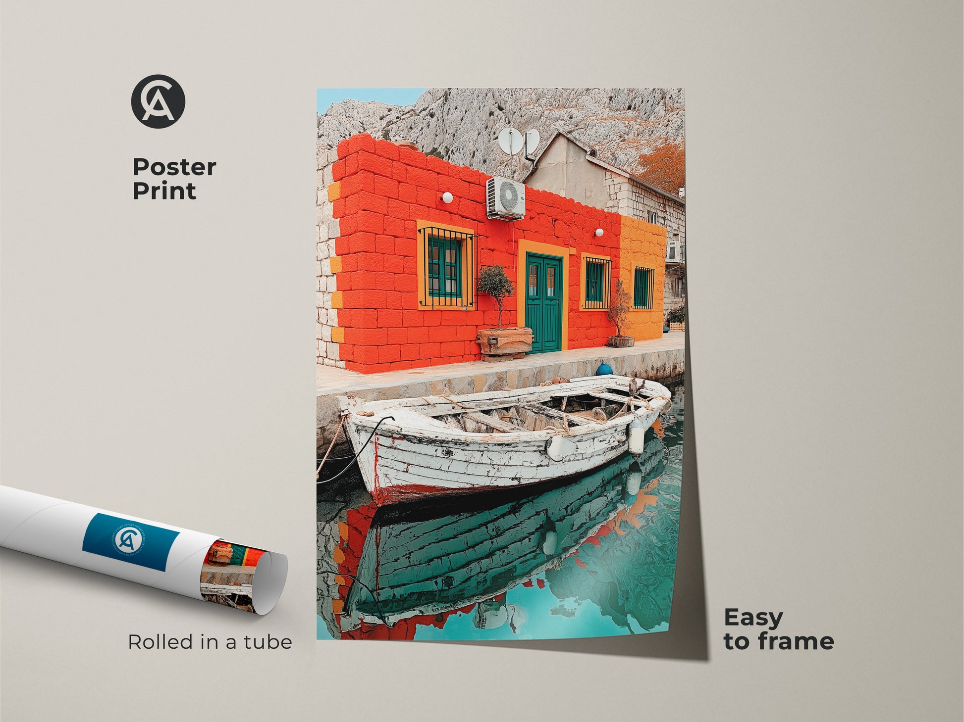 This Mediterranean scene is printed as a poster. It shows a coastal boat artwork and orange teal houses that create a vibrant landscape. It is a travel lover gift idea and folk art coastal decor.
