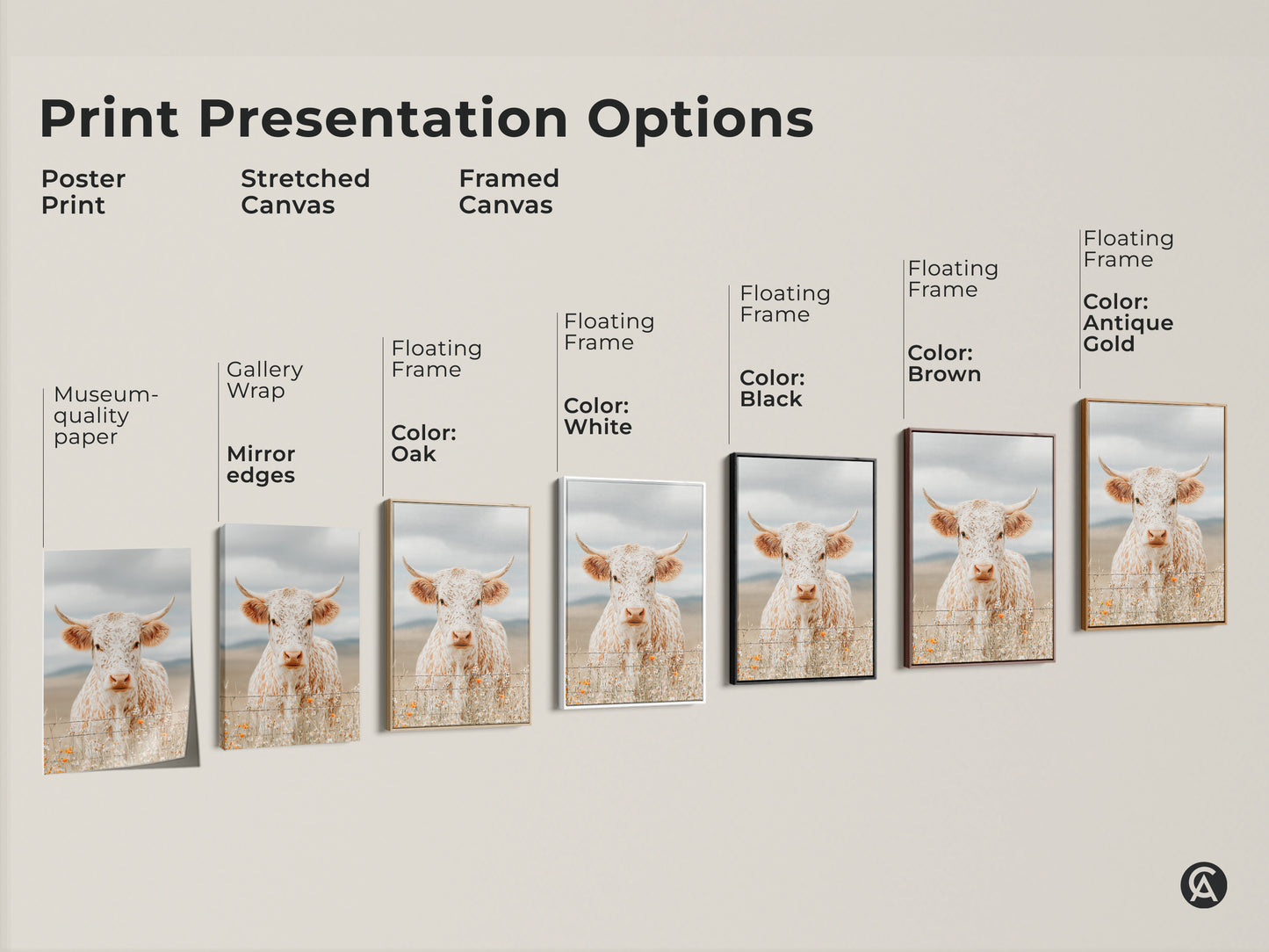 Print presentation options for longhorn cow art including poster print stretched canvas and framed canvas. Choose from a variety of frame colors. Each art print option showcases the cow behind a barbed wire fence.