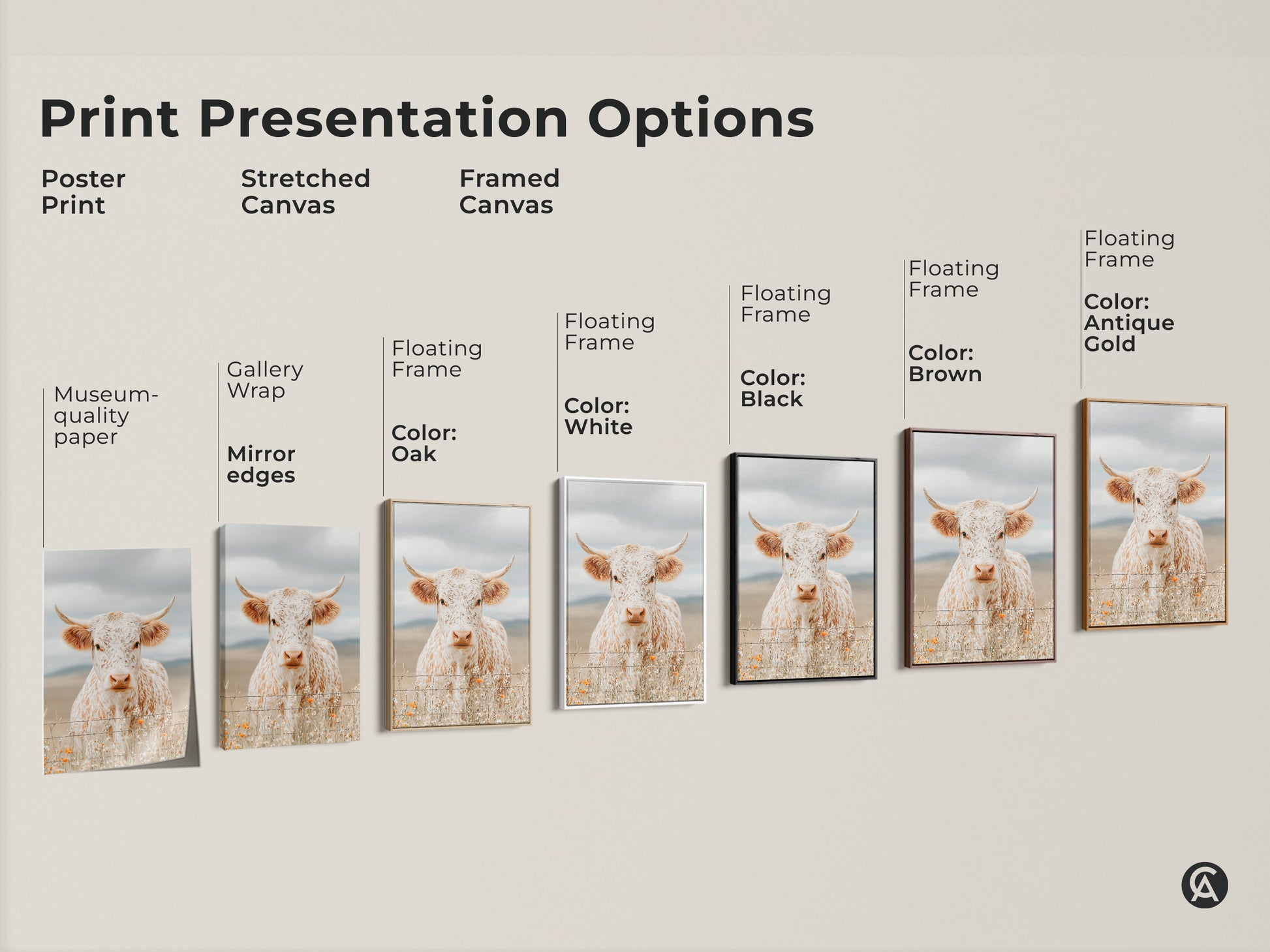 Print presentation options for longhorn cow art including poster print stretched canvas and framed canvas. Choose from a variety of frame colors. Each art print option showcases the cow behind a barbed wire fence.