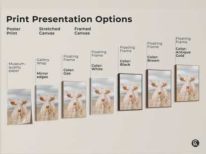 Print presentation options for longhorn cow art including poster print stretched canvas and framed canvas. Choose from a variety of frame colors. Each art print option showcases the cow behind a barbed wire fence.