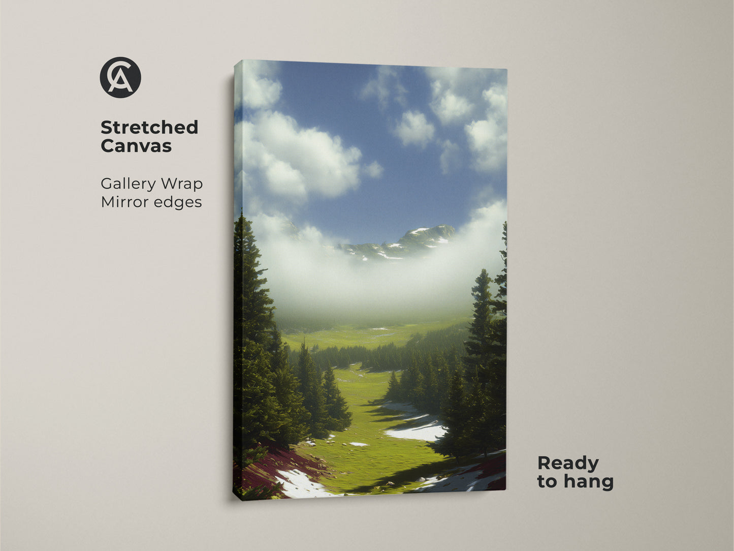 Stretched canvas print of a mountain landscape with pine trees. This gallery-wrapped artwork features mirror edges and is ready to hang. It is a nature wall art piece for bedroom or cabin decor.
