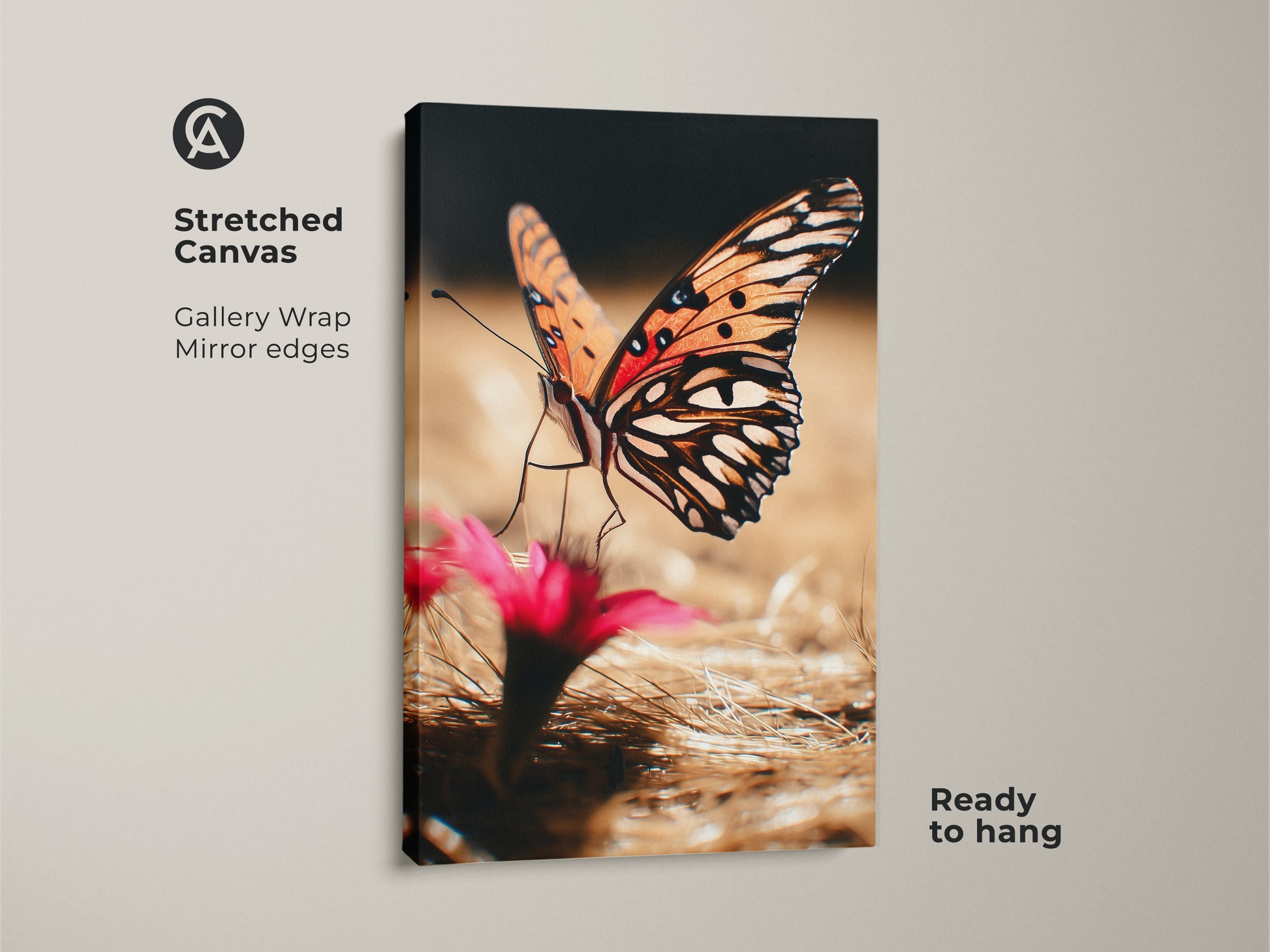 Stretched canvas print of an orange butterfly with a blurred background. This realistic insect wall decor is perfect for boho bedroom decor. Nature insect canvas art showcases macro photography. Ready to hang and adds a touch of nature to your home. A great gift for nature enthusiasts.