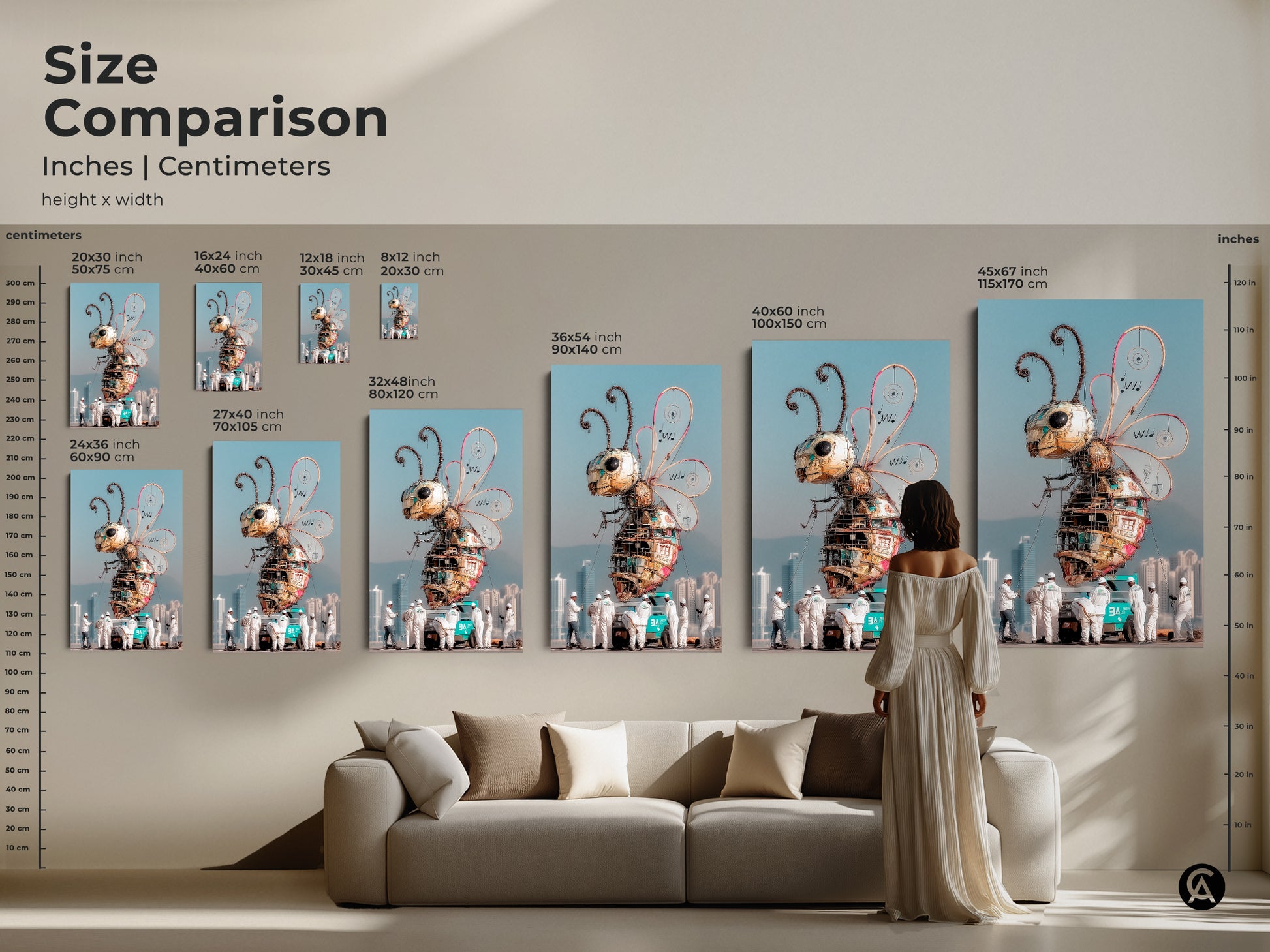 Size comparison of steampunk bee artwork in inches and centimeters. See the metal insect canvas in different sizes. Compare it to a sofa and a person for scale. From small to large this industrial insect artwork transforms any space. Visualize your perfect metal bee home decor.