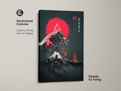 Stretched canvas featuring ukiyo-e inspired wave art. This Japanese ocean waves canvas includes a crimson sun wall art. See the pagoda art print in minimalist entryway decor. This dark blue abstract art is ready to hang. It's a japanese landscape painting for coastal home decor.