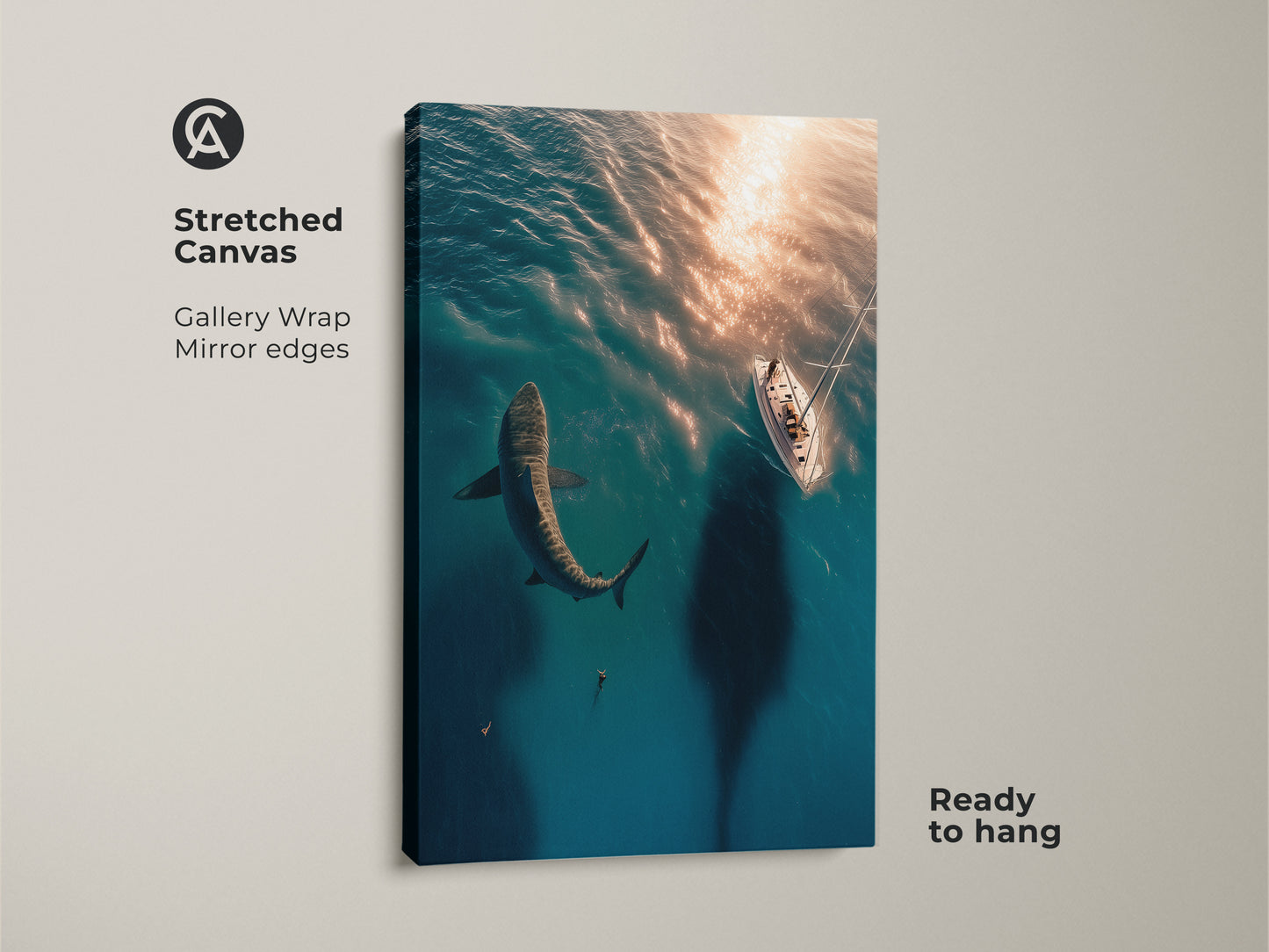Stretched canvas art showing a shark and sailboat in teal waters. Gallery wrap with mirror edges offers a modern look. Ready to hang this deep sea wildlife artwork brings adventure to any space. Great housewarming present.