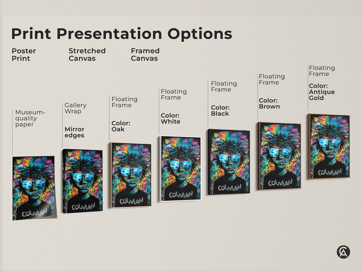 Explore print presentation options. See poster prints stretched canvas and framed canvas. Each features the Colman artwork. Choose from various floating frame colors. Find the perfect art for your space. Shop now.