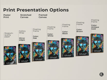 Explore print presentation options. See poster prints stretched canvas and framed canvas. Each features the Colman artwork. Choose from various floating frame colors. Find the perfect art for your space. Shop now.