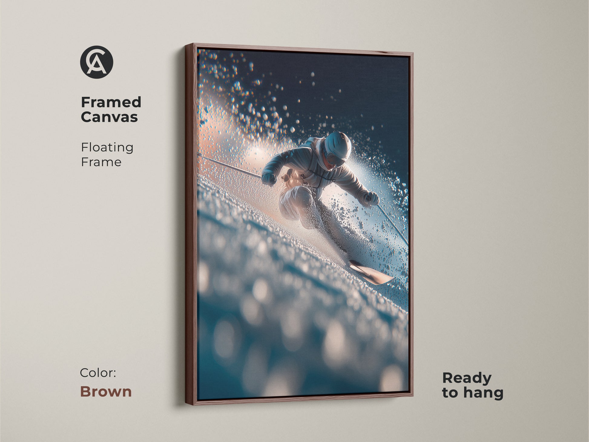 Framed canvas art showcasing a skier gliding through the snow. Brown floating frame complements the artwork. It is ready to hang. This is a great piece for any ski lover's home.