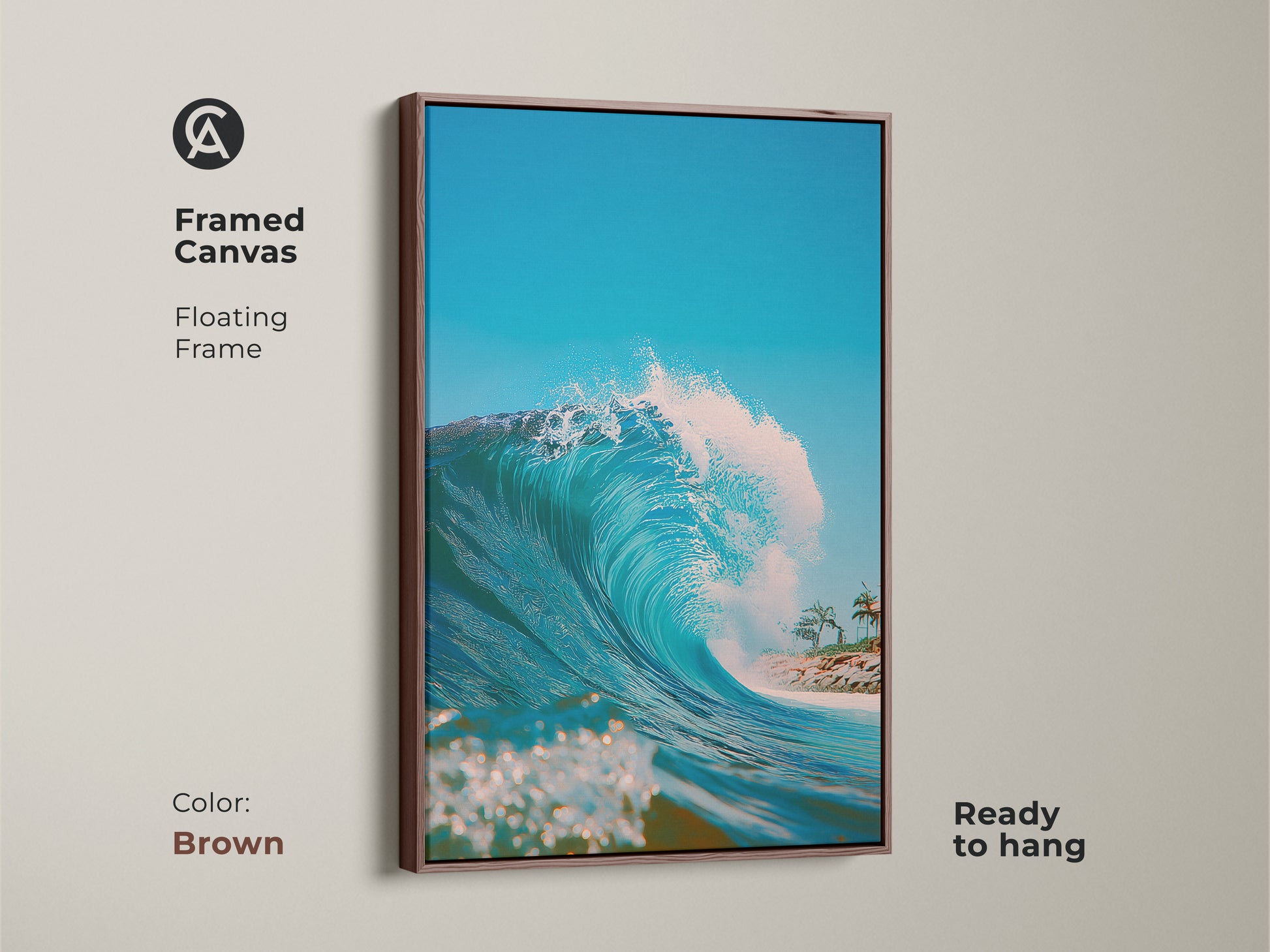 Framed canvas artwork displaying a powerful ocean wave. The brown floating frame adds warmth. This ready-to-hang artwork brings coastal charm to your walls. A beautiful ocean scene to buy now.