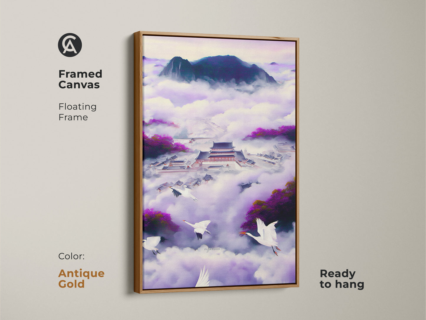 Framed canvas Ukiyo-e Japanese Palace art. The antique gold floating frame enhances the flying cranes artwork. This violet indigo fantasy landscape creates a Zen mood. This purple bedroom wall decor is ready to hang. It's an ideal eclectic art piece.