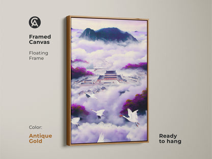 Framed canvas Ukiyo-e Japanese Palace art. The antique gold floating frame enhances the flying cranes artwork. This violet indigo fantasy landscape creates a Zen mood. This purple bedroom wall decor is ready to hang. It's an ideal eclectic art piece.