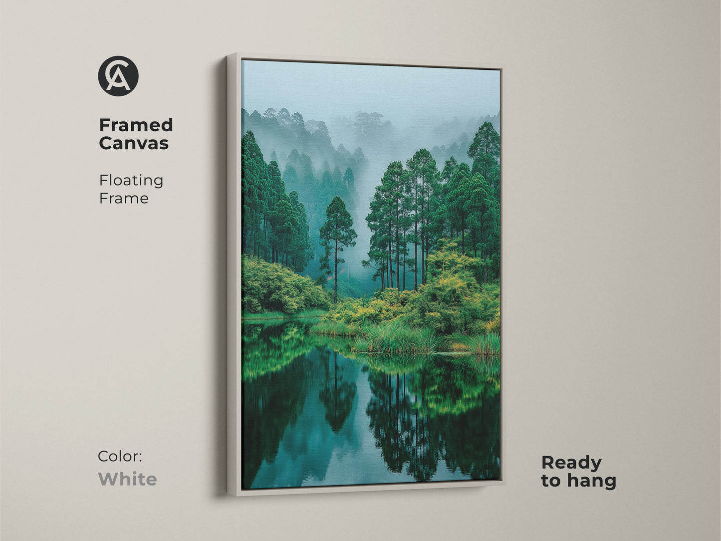 White framed canvas art highlighting a serene forest lake. The floating frame offers a clean modern look. Ready to hang this piece brings a fresh and calming natural element to your interior.