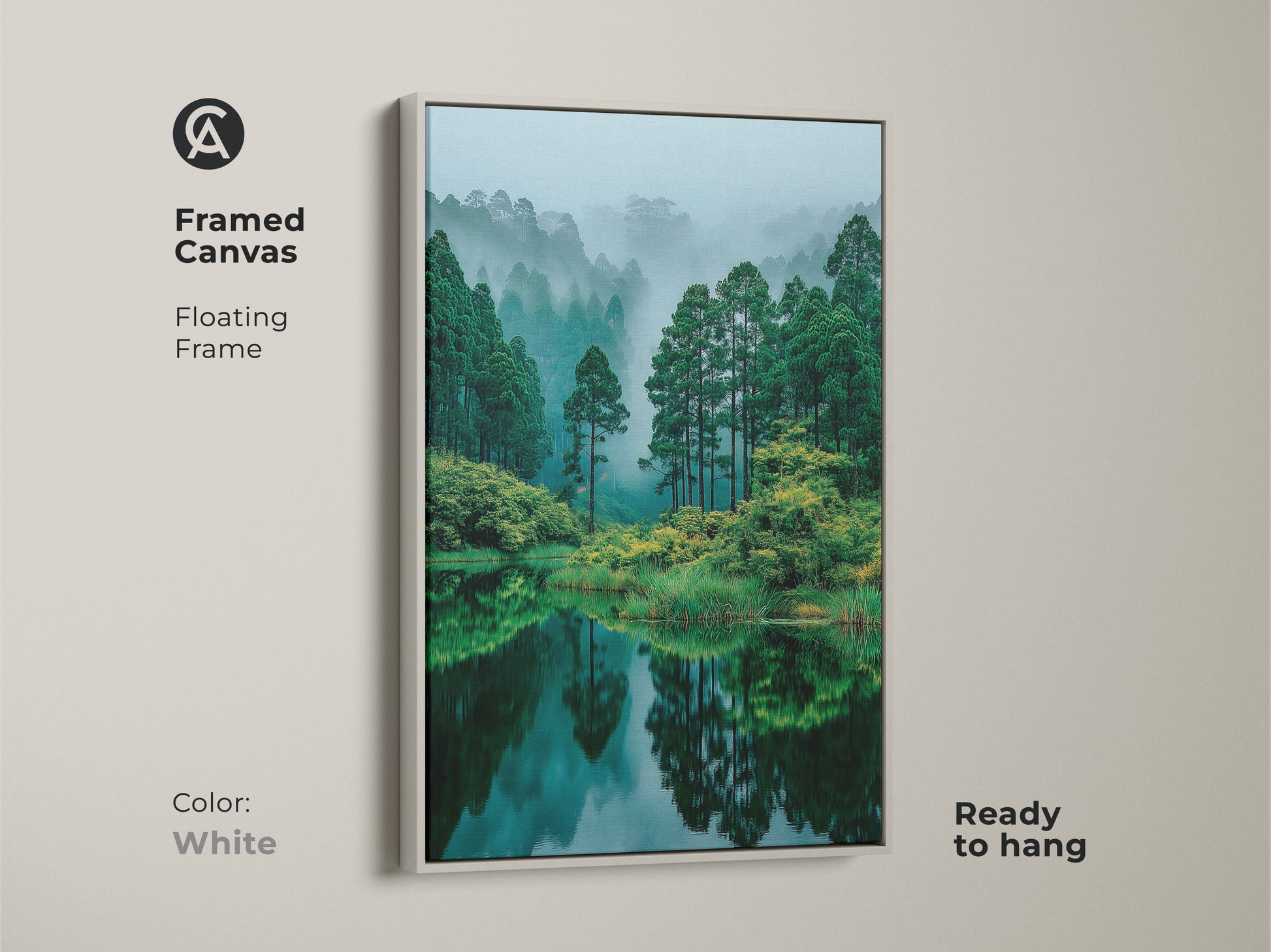White framed canvas art highlighting a serene forest lake. The floating frame offers a clean modern look. Ready to hang this piece brings a fresh and calming natural element to your interior.