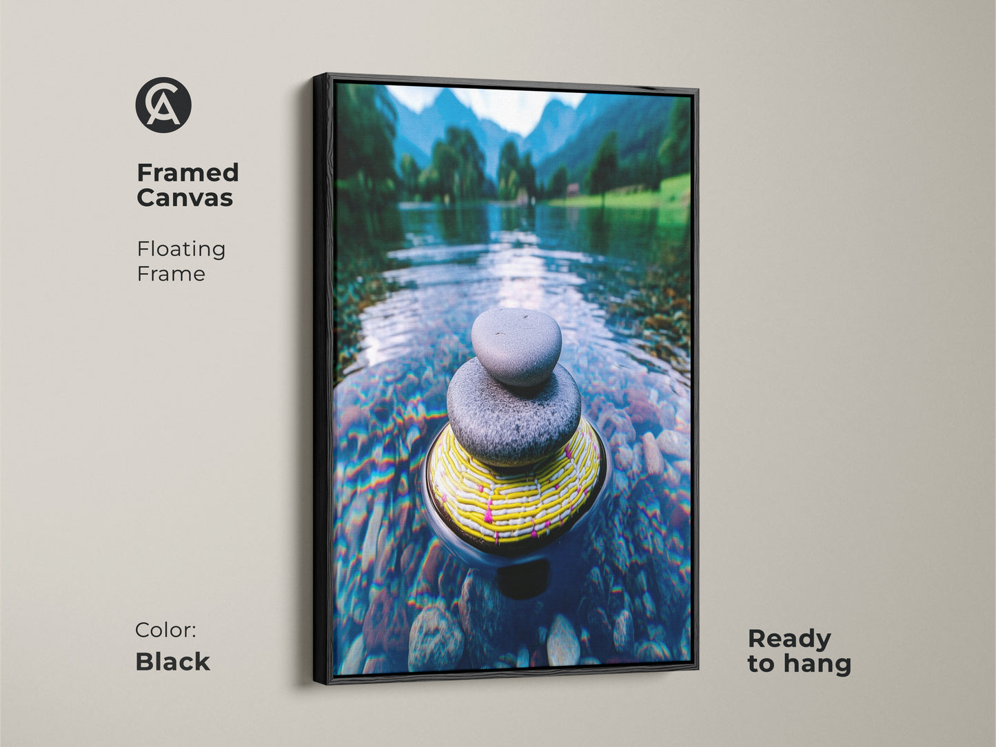 Framed in black this canvas showcases a Zen stone cairn. The minimalist nature canvas comes ready to hang with a floating frame. This blue green mountain art print is river landscape wall art. Perfect as a meditation and mindfulness gift.