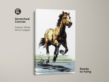 Stretched canvas of a galloping horse art print. This equestrian canvas wall art has mirror edges and is ready to hang. See the modern horse sketch as animal wildlife art in brown yellow and blue hues. A great graphic art print as a horse lover gift.