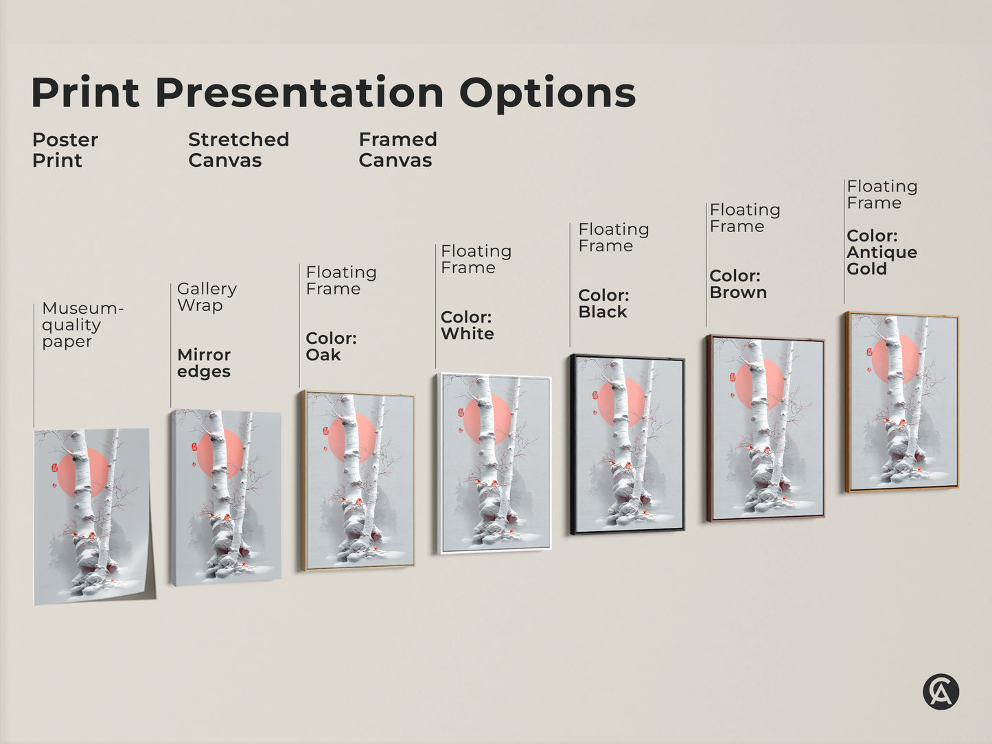 Explore print presentation options. See poster prints stretched canvases and framed canvases. Frame color options include white black brown oak and antique gold. Discover minimalist birch tree artwork that suits your style.