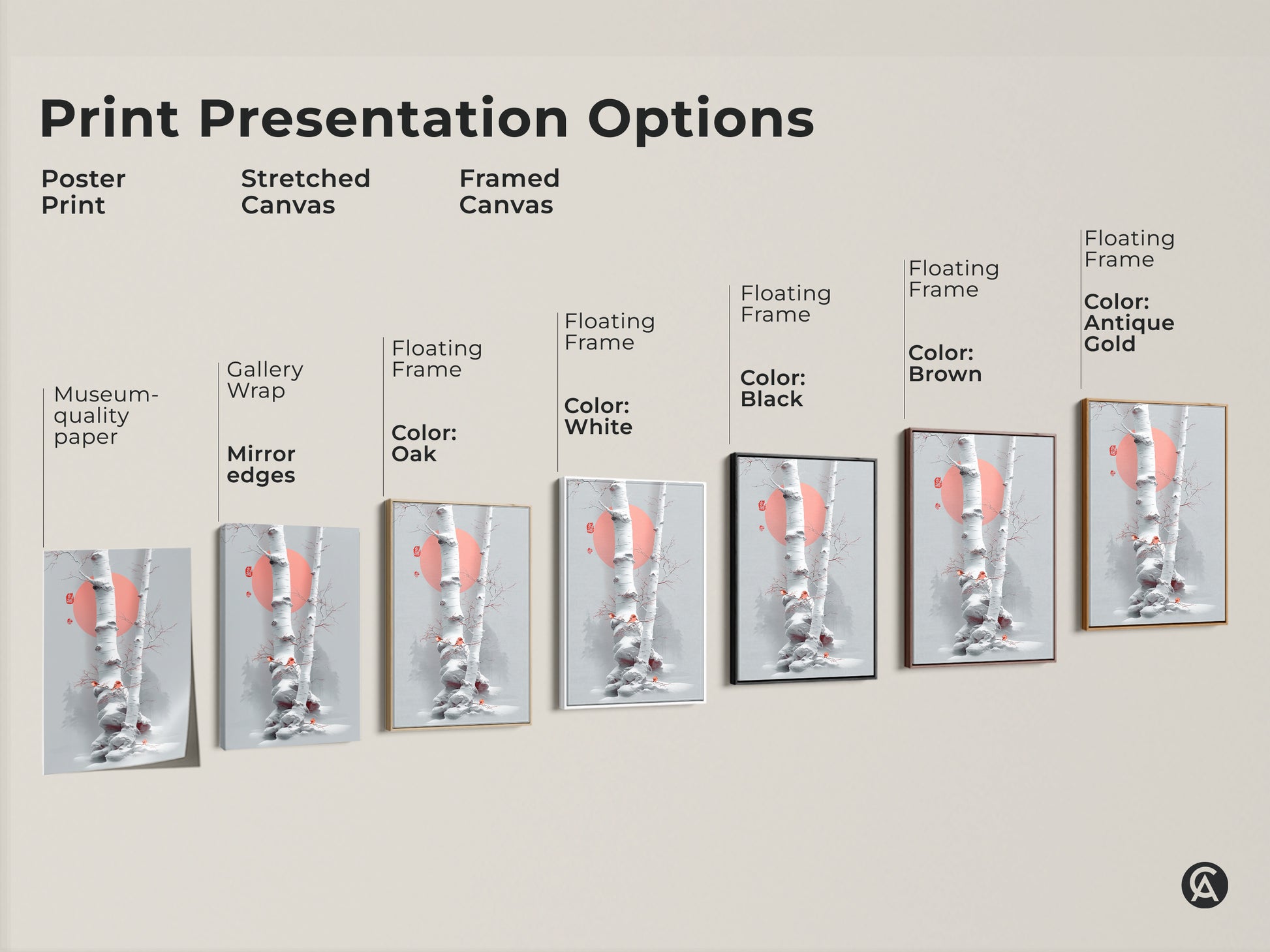 Explore print presentation options. See poster prints stretched canvases and framed canvases. Frame color options include white black brown oak and antique gold. Discover minimalist birch tree artwork that suits your style.