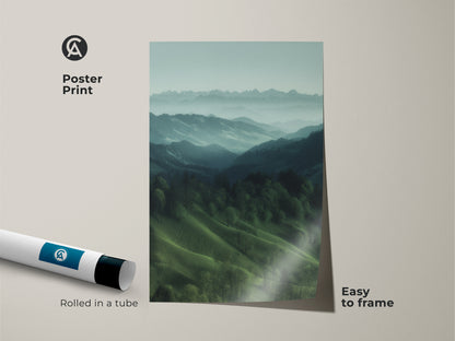 Poster print of a misty mountain landscape. This teal green nature artwork comes rolled in a tube. Easy to frame this serene blue green wall decor. It's a great housewarming gift for hiker and outdoor lovers. Calming forest view art.