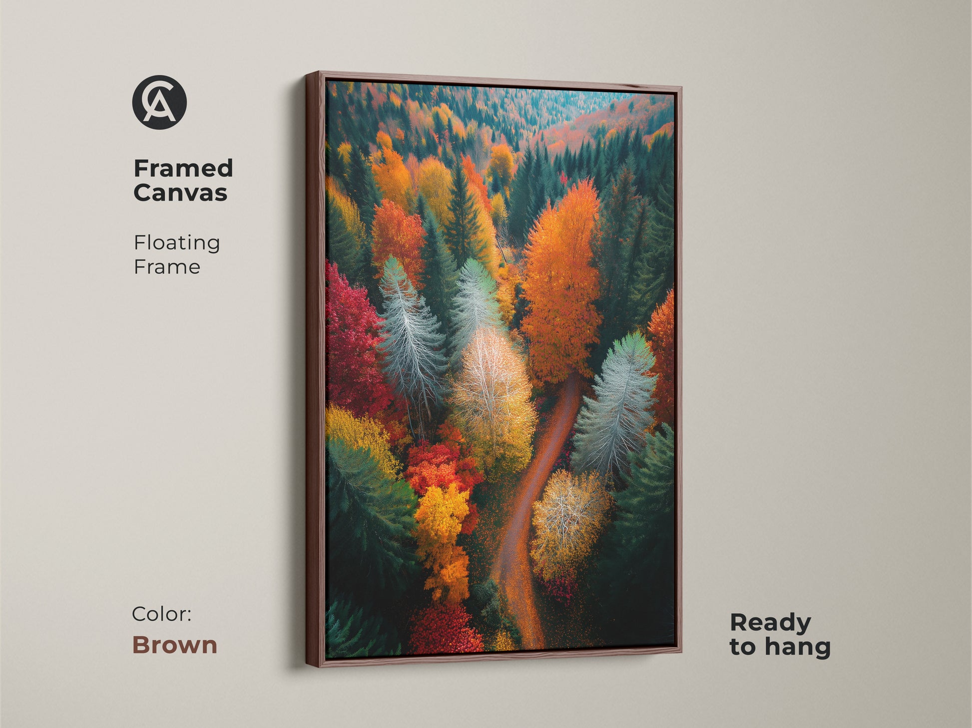 Brown framed canvas print showcasing a colorful forest. This ready-to-hang artwork features an aerial view of trees in autumn. The warm brown frame enhances this landscape art. Perfect for nature-inspired home decor.