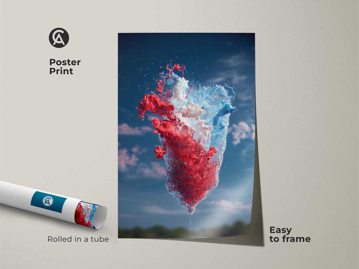 Poster print showcasing dynamic abstract red blue and white splash art rolled in a tube. Easy to frame this contemporary artwork adds a vibrant touch to any room. Ideal for modern art lovers looking for unique abstract artwork and artistic water splash art.