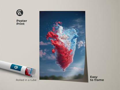 Poster print showcasing dynamic abstract red blue and white splash art rolled in a tube. Easy to frame this contemporary artwork adds a vibrant touch to any room. Ideal for modern art lovers looking for unique abstract artwork and artistic water splash art.