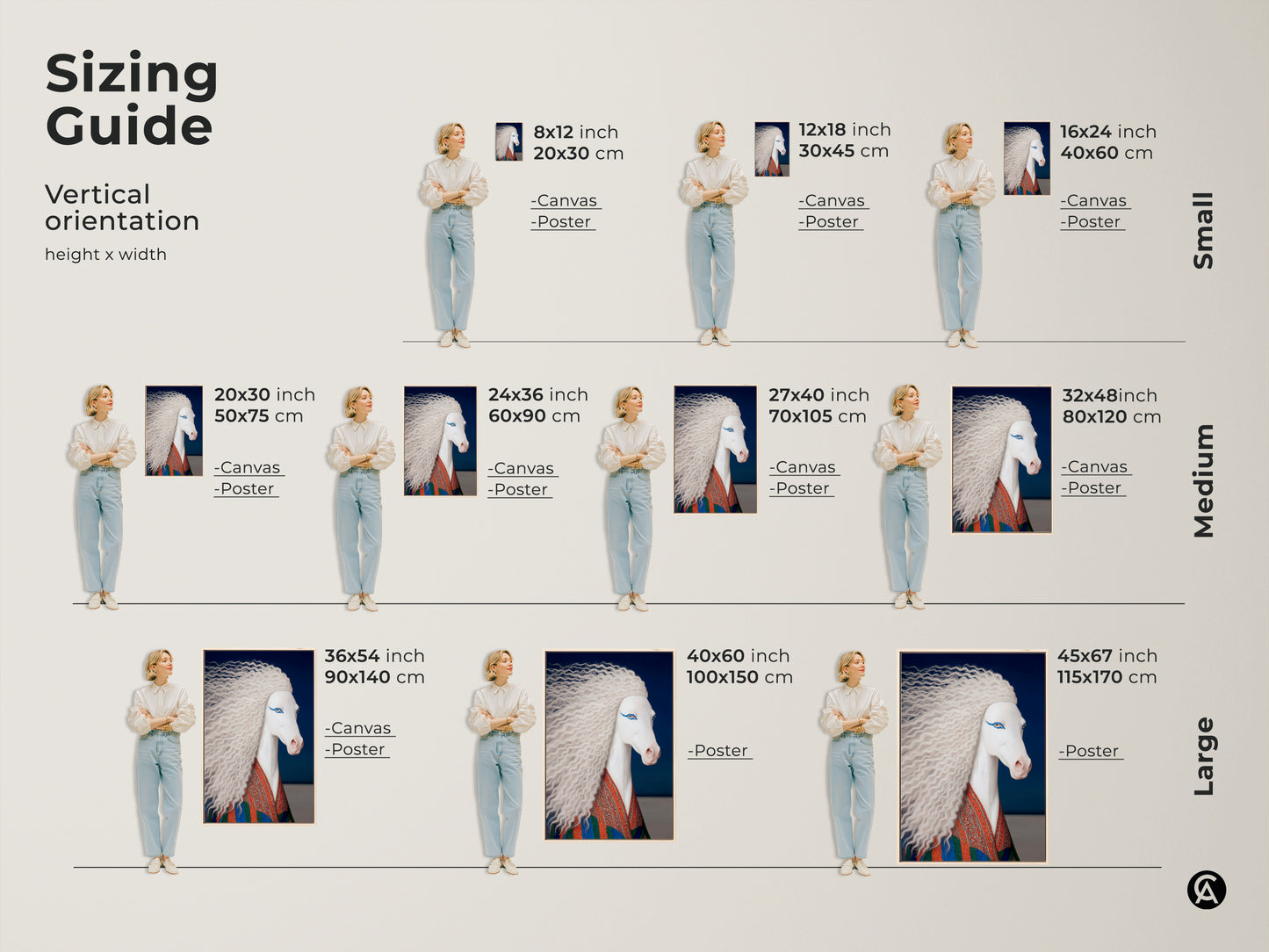 Sizing guide for a vertical surreal white horse art print. Sizes range from small to large for canvas and poster prints. This eclectic fantasy unicorn wall art features blue and orange accents. It's a unique artistic touch.