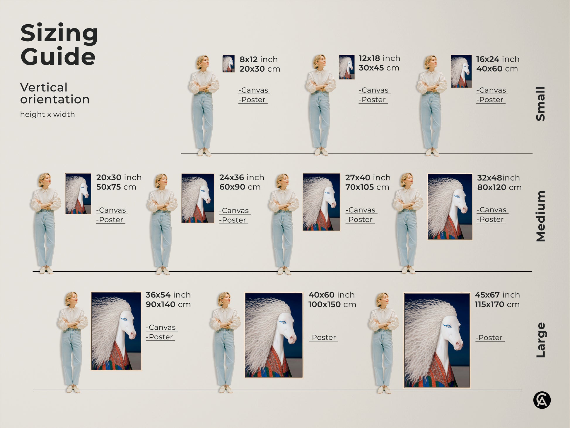 Sizing guide for a vertical surreal white horse art print. Sizes range from small to large for canvas and poster prints. This eclectic fantasy unicorn wall art features blue and orange accents. It's a unique artistic touch.
