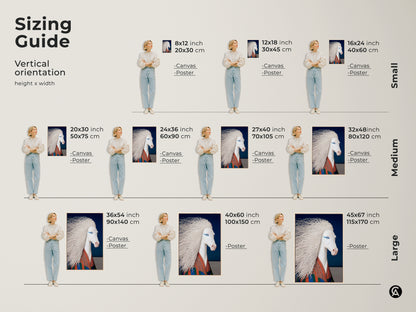 Sizing guide for a vertical surreal white horse art print. Sizes range from small to large for canvas and poster prints. This eclectic fantasy unicorn wall art features blue and orange accents. It's a unique artistic touch.