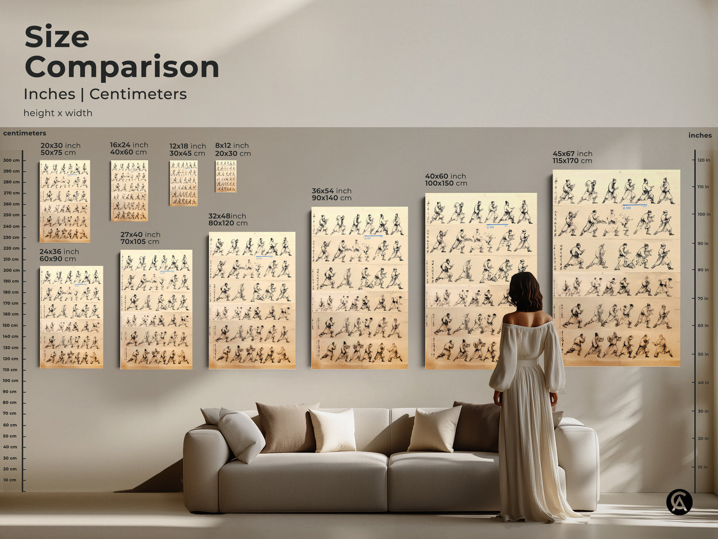 Size comparison of minimalist ink wash art prints. Inches and centimeters dimensions for martial arts action poses wall decor. See how different sizes fit in a living room setting. Choose the perfect canvas or poster for your space. Sepia tone artwork adds a touch of elegance. Perfect gift for martial arts enthusiasts.