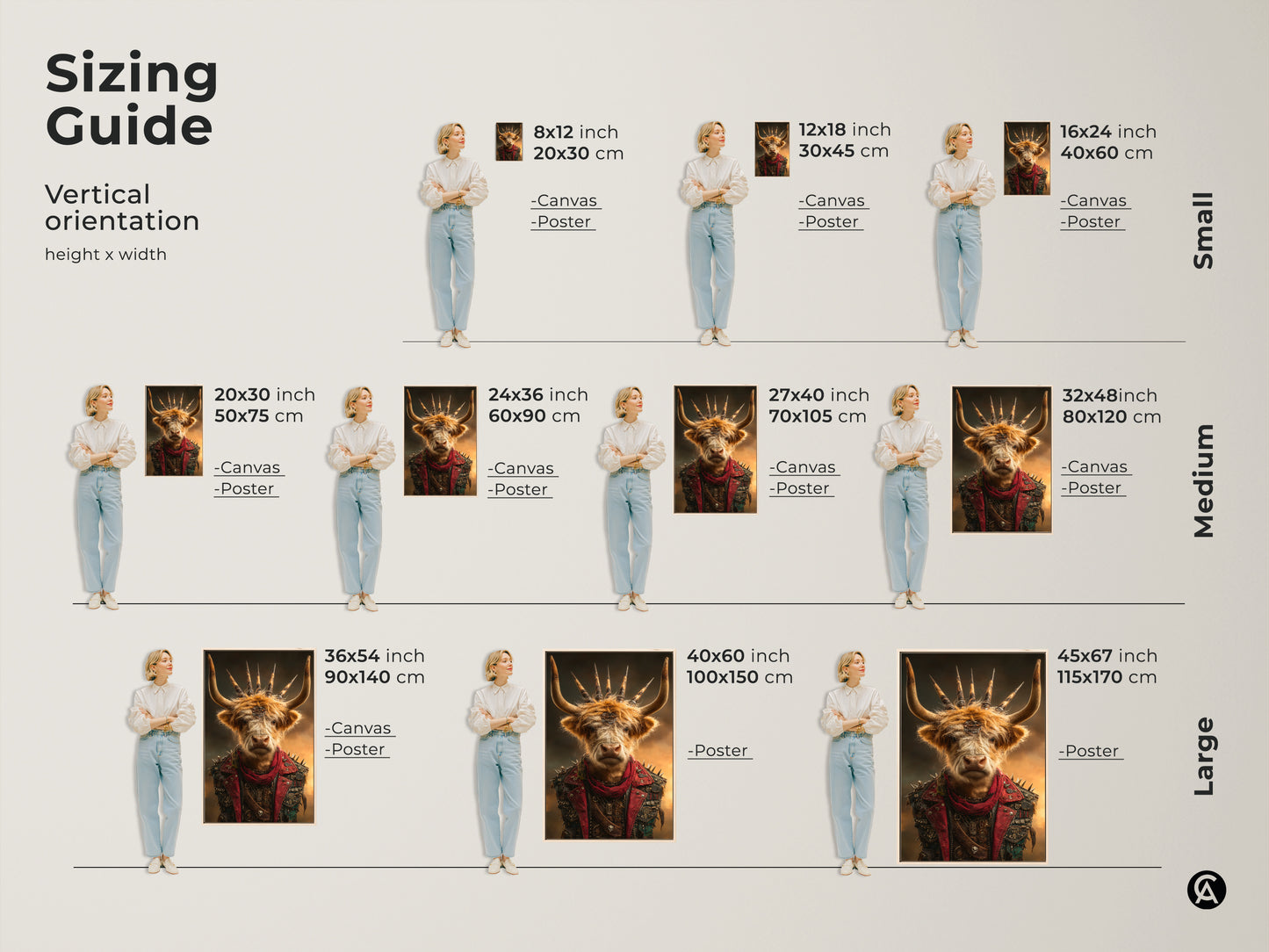 Sizing guide for Steampunk Highland Cow canvas and poster prints. Vertical orientation options shown with models. Find the perfect fit for your space with various sizes. Choose from eclectic red brown artwork for your office decor or alternative home art.