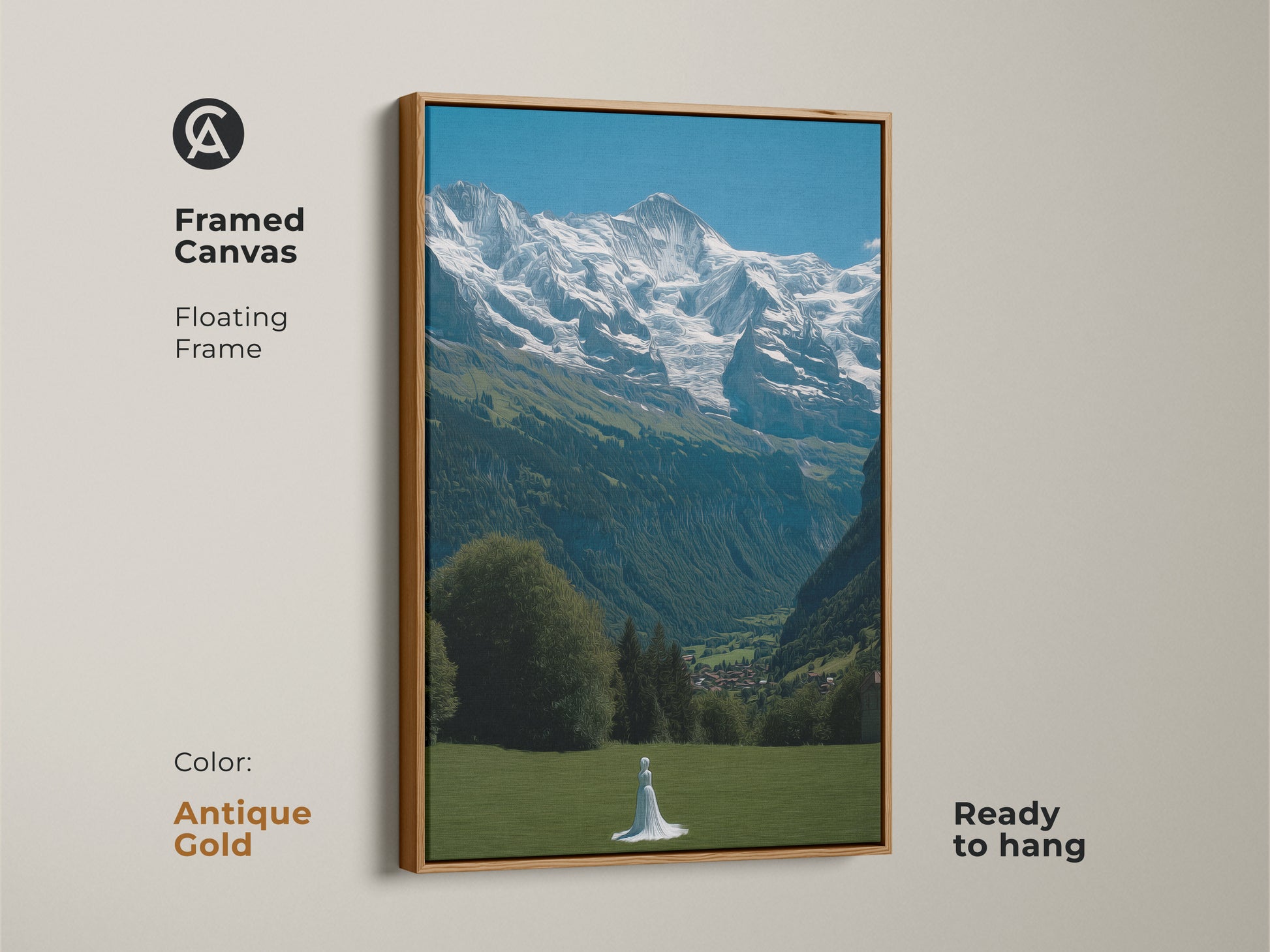 Bring the beauty of the Swiss Alps into your home with this framed canvas artwork. A woman in white stands in a vibrant green field. An antique gold floating frame adds classic style. This photorealistic mountain landscape is ready to hang. It creates serene mountain scenery for Scandinavian decor. Perfect housewarming gift for the travel lover
