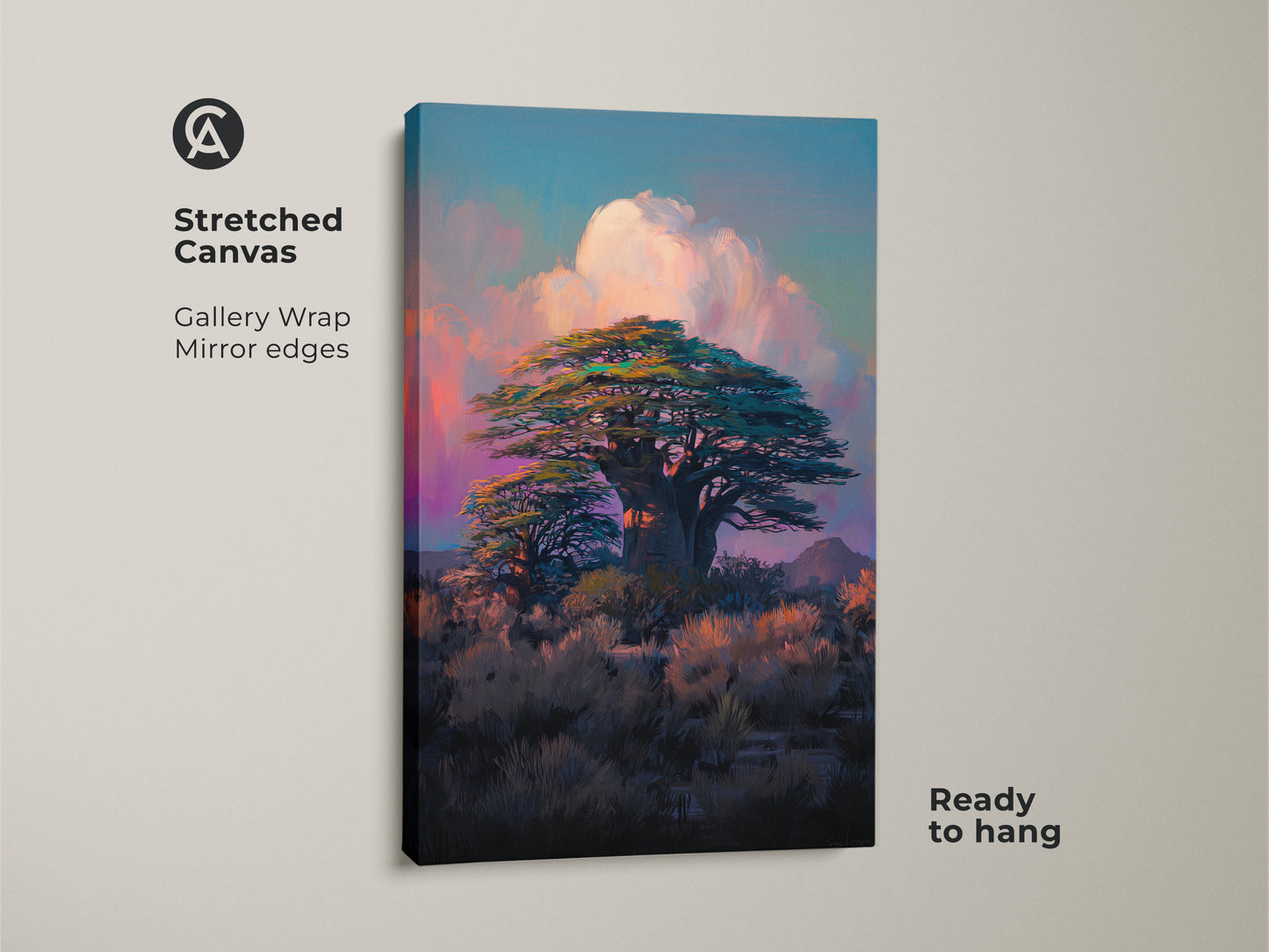 Stretched canvas of an african baobab tree. The teal blue and pink sky artwork offers a boho savanna landscape view. Ready to hang with gallery wrapped mirror edges. Ideal for travel lovers.