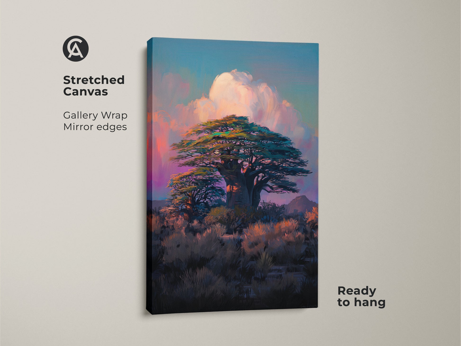Stretched canvas of an african baobab tree. The teal blue and pink sky artwork offers a boho savanna landscape view. Ready to hang with gallery wrapped mirror edges. Ideal for travel lovers.