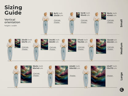 Sizing guide for vertical abstract cloud art. Available in small medium and large sizes. See how each size fits in a living space. Perfect for customizing your home decor.