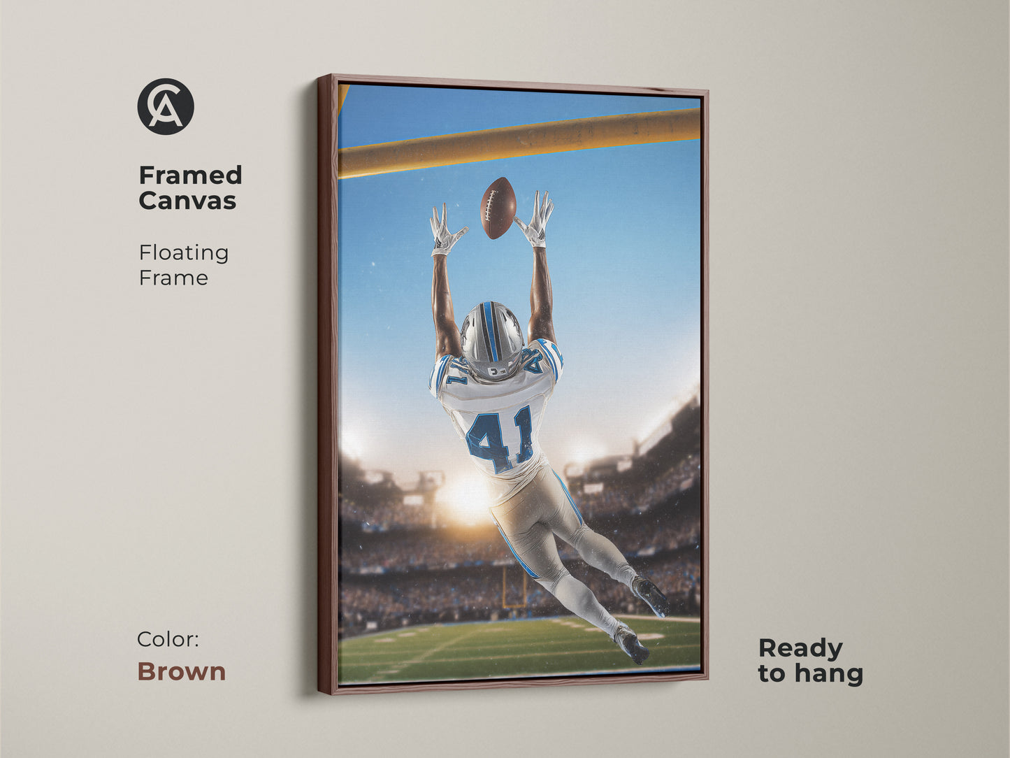 This framed football catch canvas comes with a stylish brown floating frame. Ready to hang for instant enjoyment. It's excellent sports fan gift and action sports wall art.