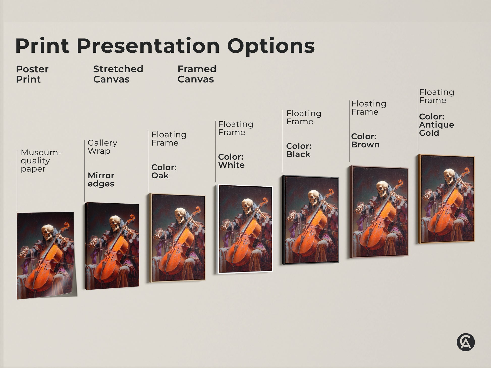 Print presentation options for skeleton cello artwork. Poster print. Stretched and Framed canvas. Various floating frame colors available. A macabre music canvas print.