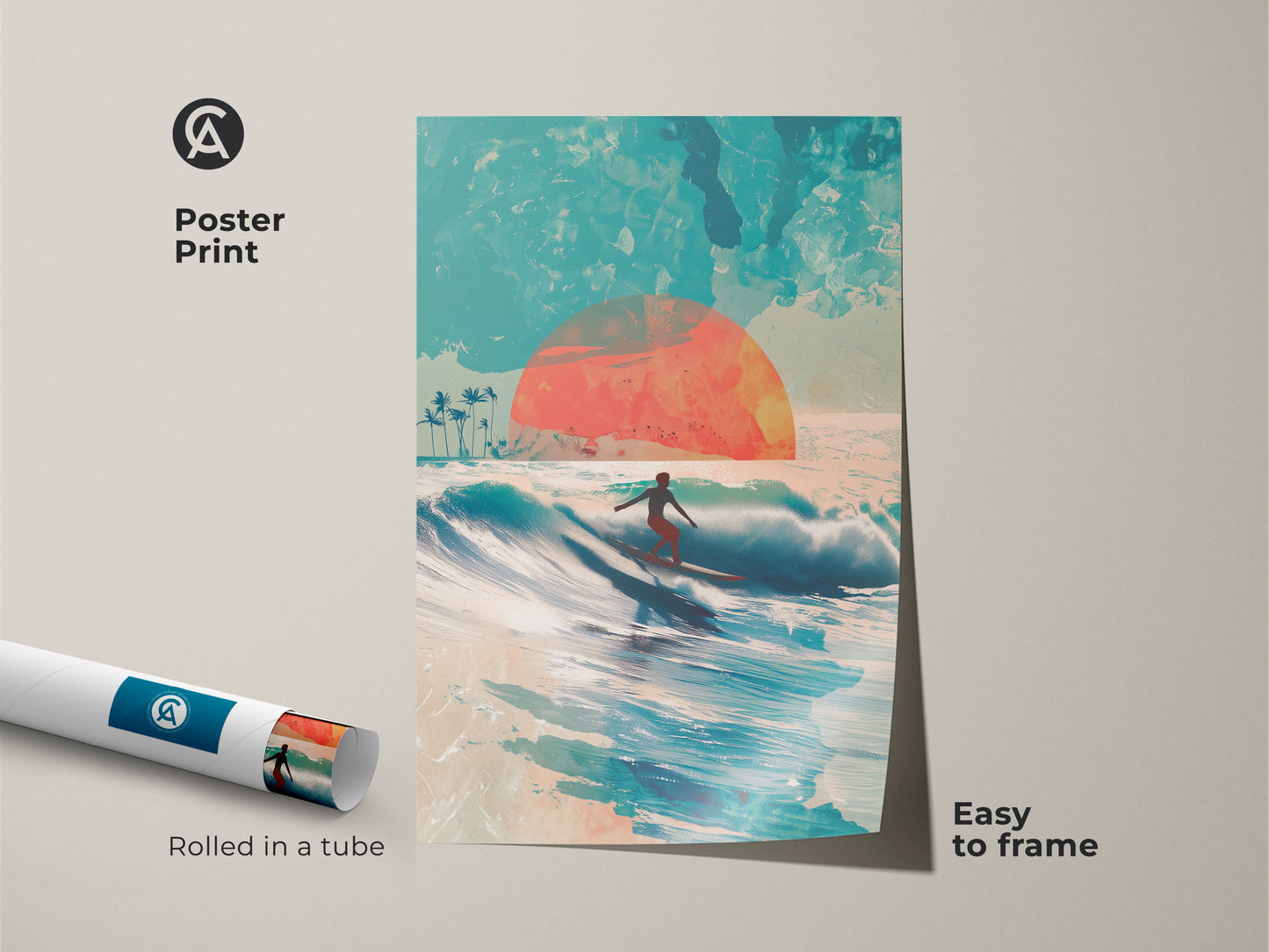 Poster print featuring a surfer riding a wave with a beautiful sunset background. The artwork is rolled in a tube for easy shipping and protection. It's easy to frame this museum-quality paper print. Perfect for adding a touch of the ocean to your home decor.